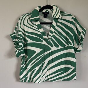 RACHEL Rachel Roy Green and Cream Patterned Linen Blend Blouse